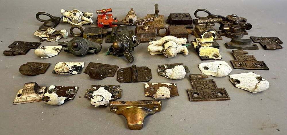 Lot 152: Lot of 19 Eastlake Victorian Window Latch Lock Assemblies Ornately Decorated Brass