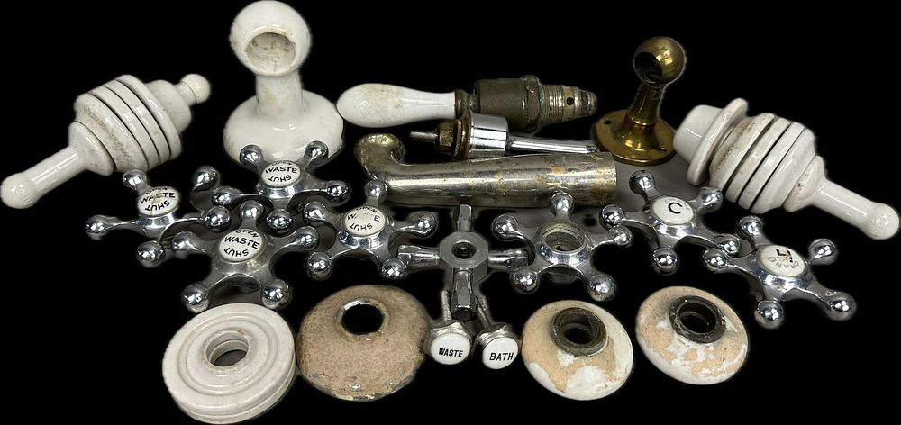 Lot 160: Large Lot Early 1900s Porcelain & Stainless Steel Bathroom Fixture Parts Knobs Fittings