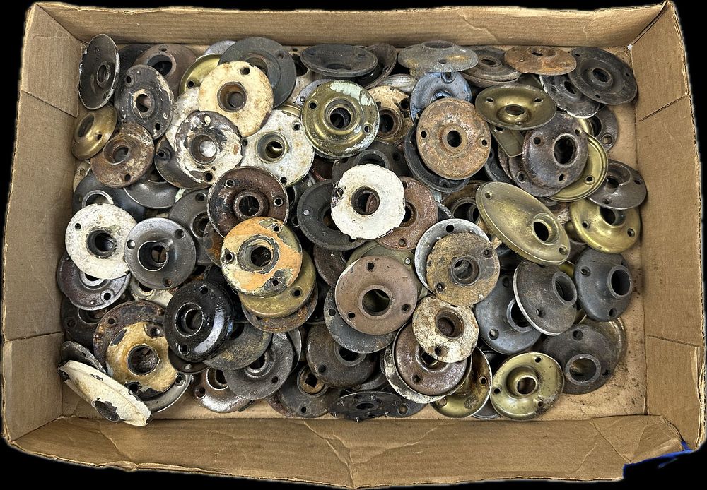 Lot 161: Huge Lot of 174 Antique Brass Nickel Plated Pieces Door Knob Escutcheons