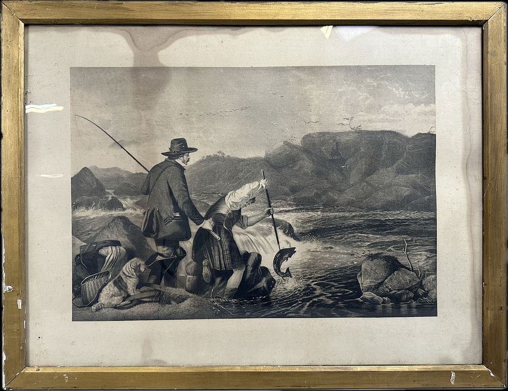 Lot 175: Fantastic Late 1800s Engraving Richard Ansdell Gaffing a Salmon Fishing Scene England