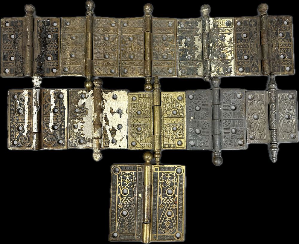 Lot 179: Fantastic 11 Piece Antique Eastlake Victorian Brass Door Hinge Ornately Decorated Lot 3 Matching Set