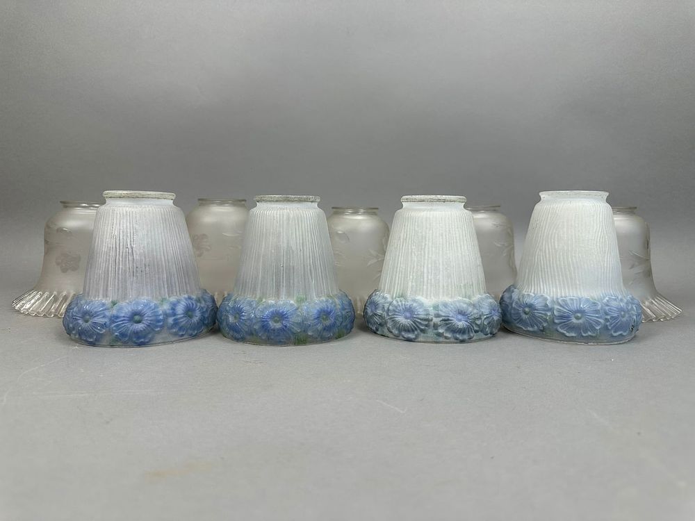 Lot 180: Beautiful 9 Piece Lot Antique Painted Glass Ruffled Embossed Lamp Shades 2 Sets
