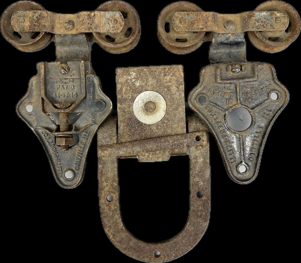 Lot 184: 3 Piece Antique Barn Door Trolley Roller Cast Iron Hardware Allith Prouty Pair