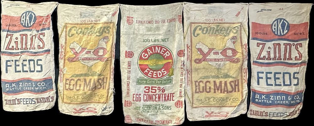 Lot 188: 5 Piece Antique Feed Sack Lot Egg Mash Gainers Chicken Feed Zinns Conkeys Canvas Feed Sacks