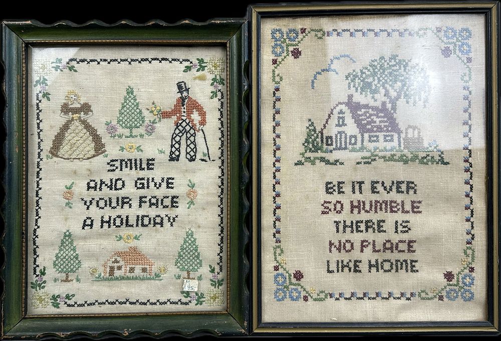 Lot 190: 2 Piece Lot Antique Sampler Style Stiching Framed Pieces