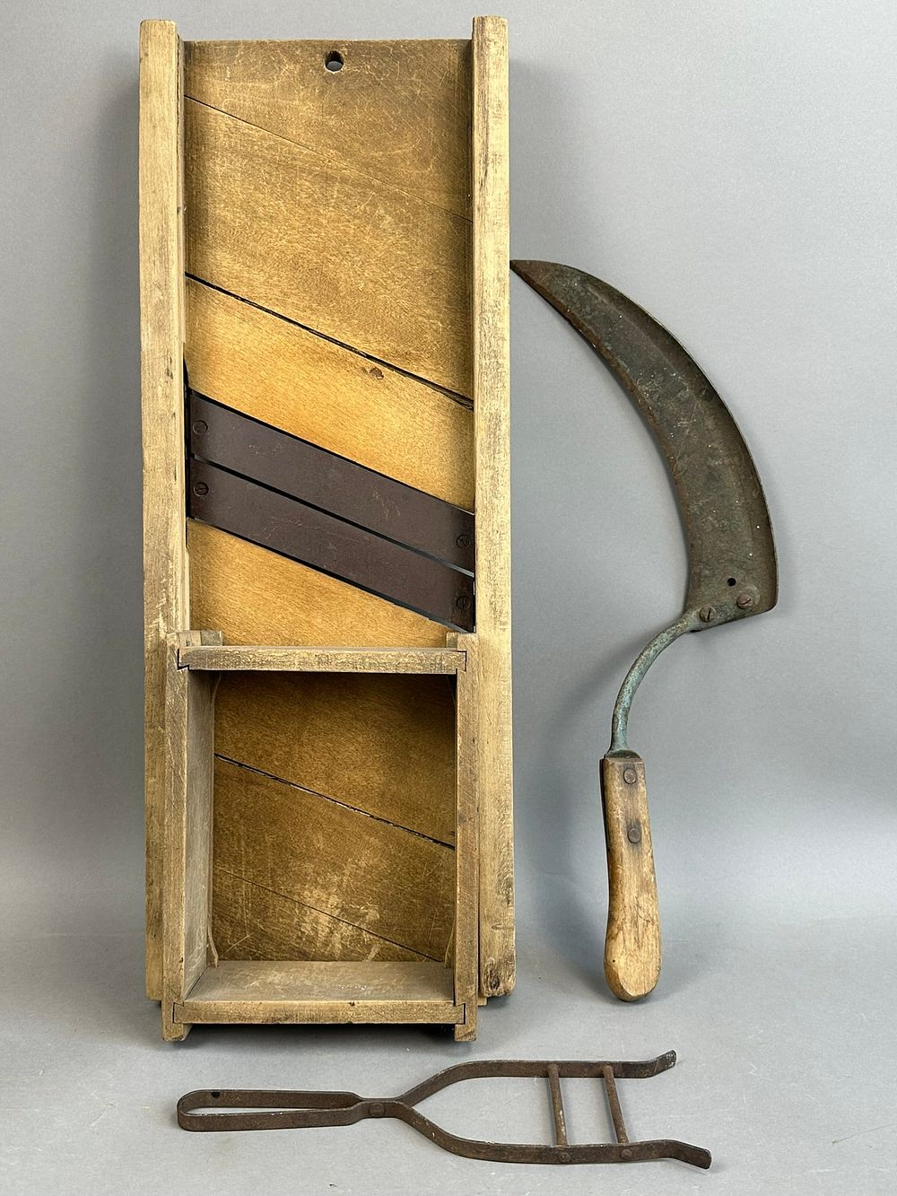 Lot 192: 3 Piece Antique Primitive Kitchen Hand Utensil Lot Hand Scythe Slaw Cutter Metal Holder