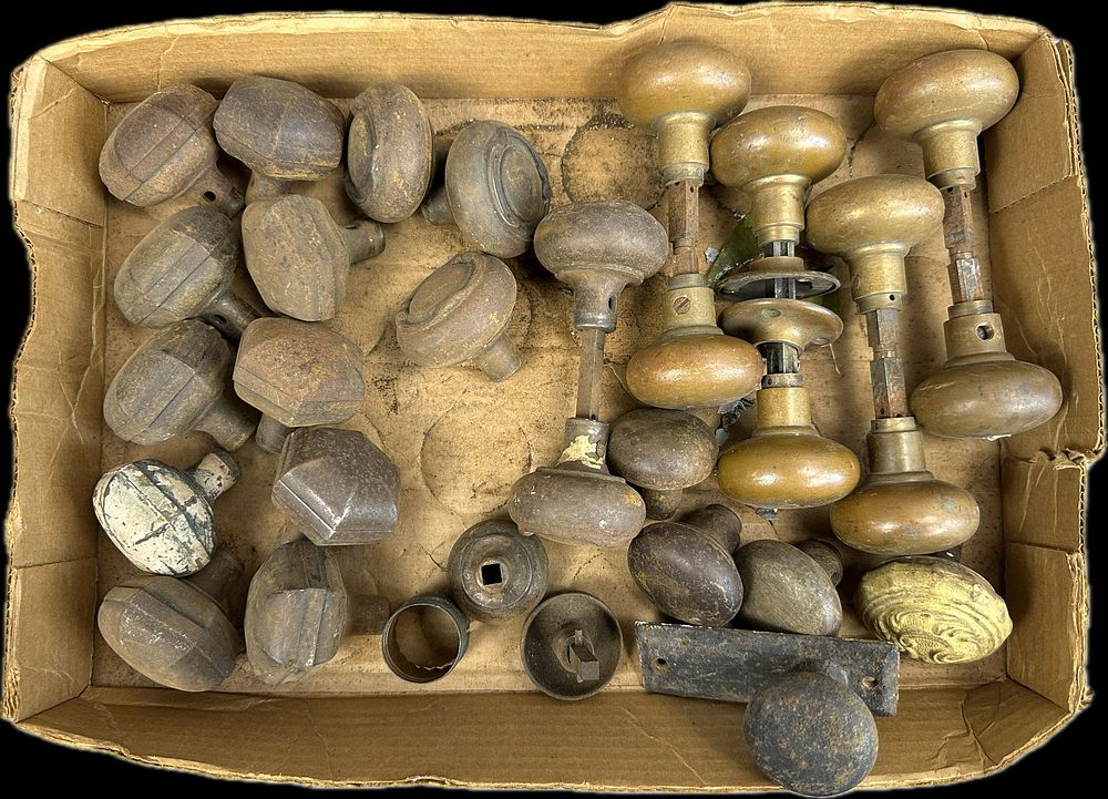 Lot 198: Huge 29 Piece Lot Unusual Hexagon Shaped Door Knobs Brass Sets Single Knobs
