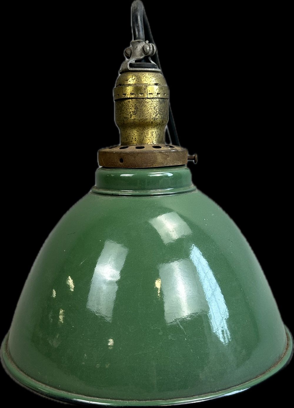 Lot 199: Beautiful Antique Industrial Gas Station Green Porcelain 8" Diameter Lamp Shade