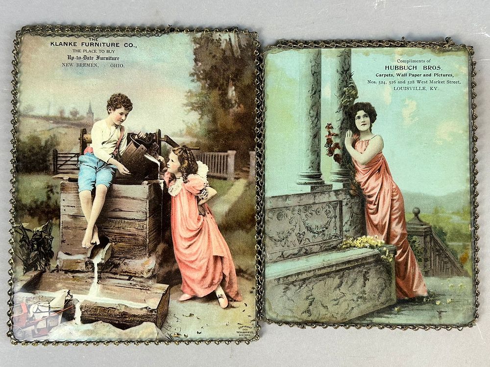 Lot 200: 2 Piece Lot Early 1900s Glass Hanging Advertising New Bremen Ohio Louisville Kentucky Compliments