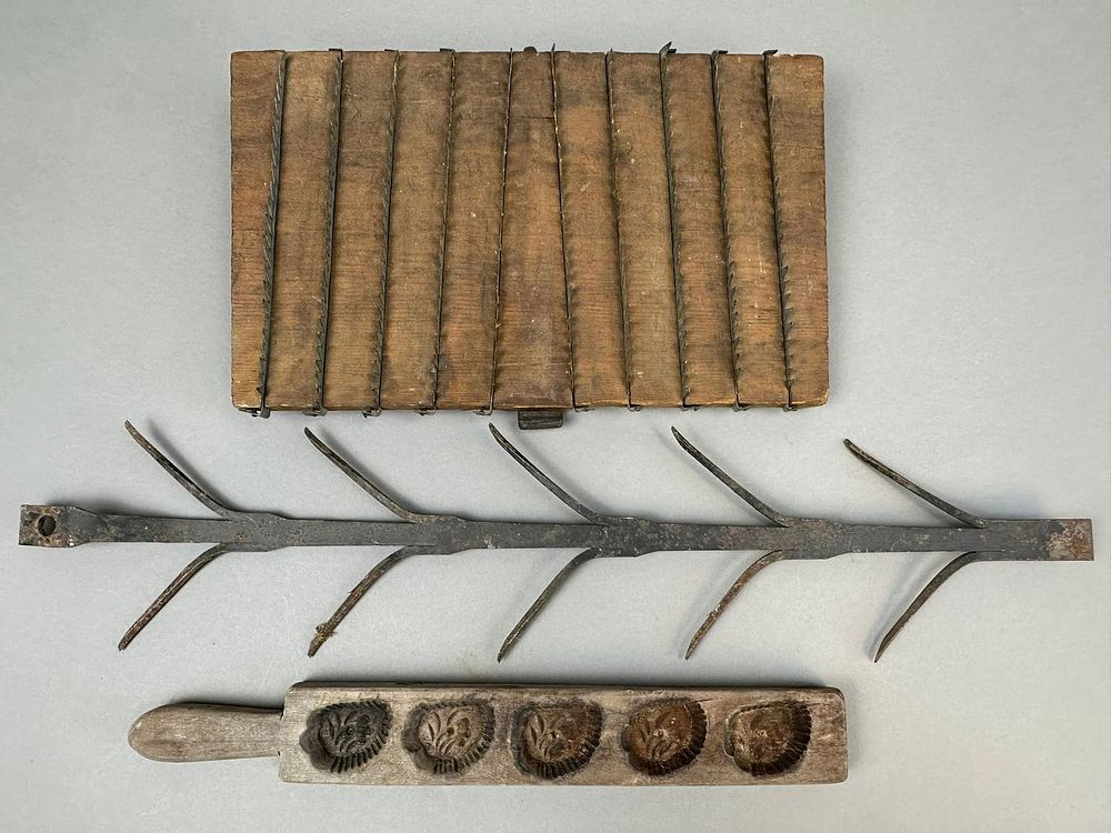 Lot 206: 3 Piece Antique Primitive Lot Wood Mold Wrought Iron Corn Dryer Grater Mounted on Board