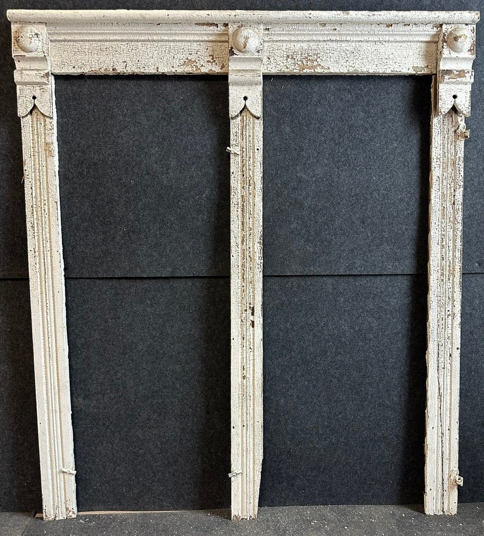 Lot 211: 19th Century Eastlake Victorian Ornate White Chippy Paint Double Window Surround Full Length Windows