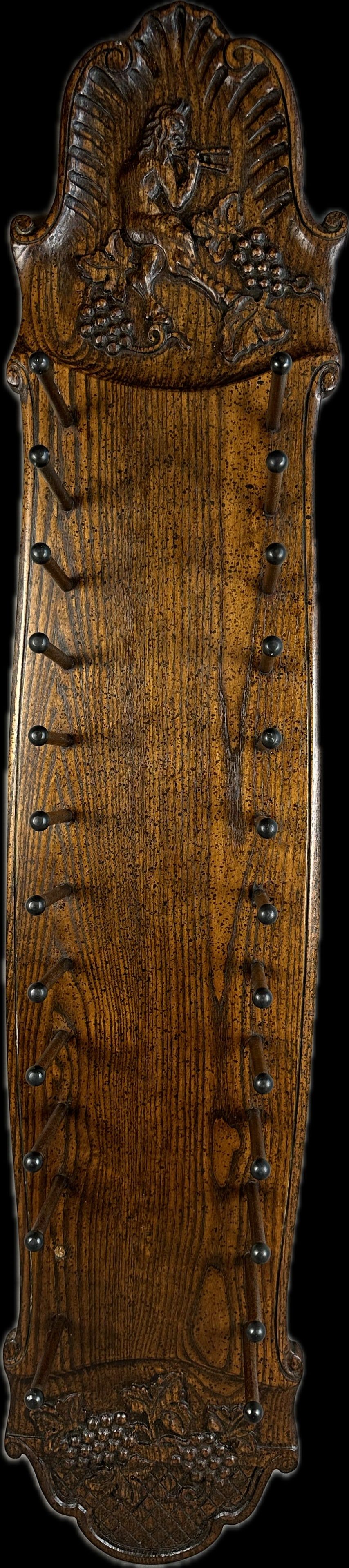 Lot 215A: Beautiful Wood Hanging Wine Bottle Drying Rack God of Wine Carved