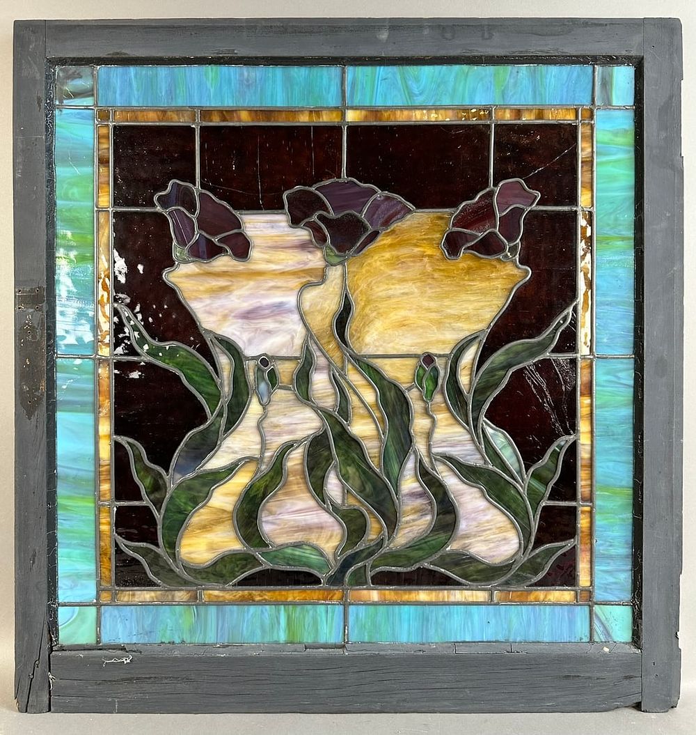 Lot 216A: Beautiful Antique Multi Color Floral Leaded Stained Glass Window