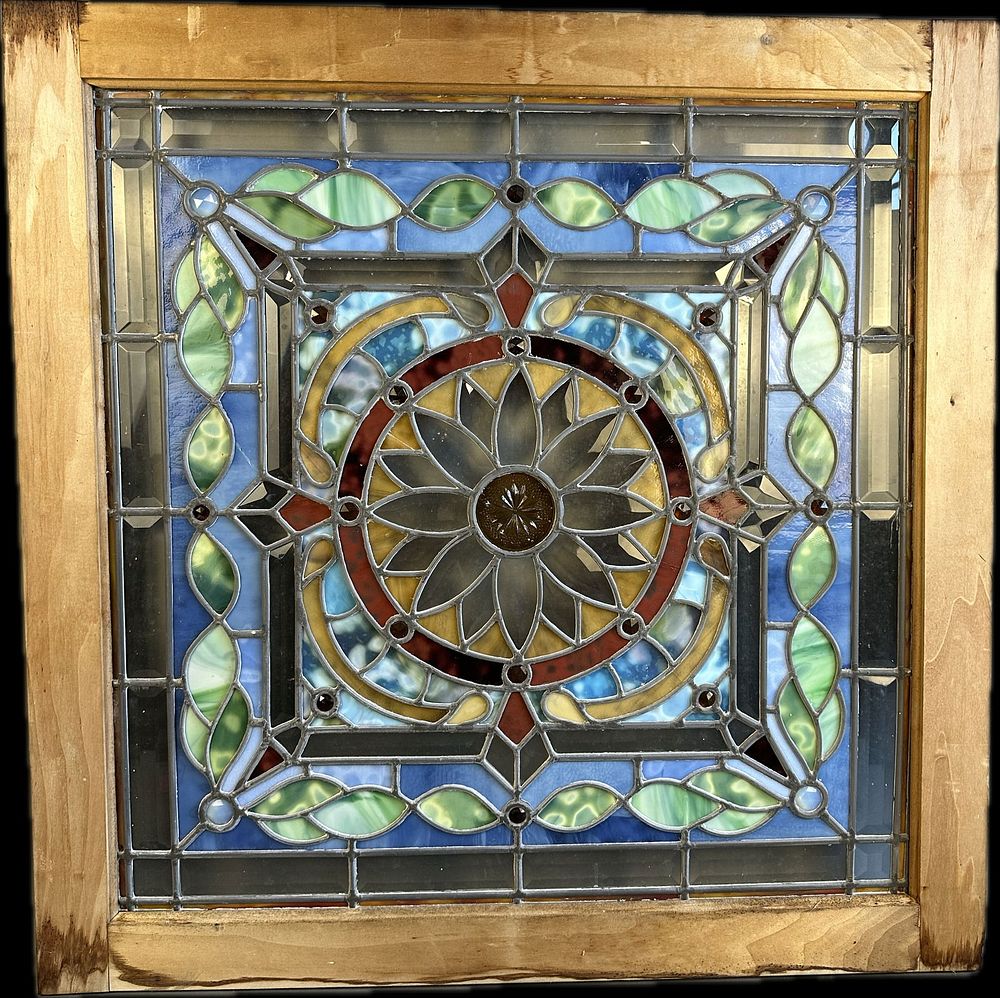 Lot 221A: Antique Sunburst Pattern Leaded Stained Glass Window w/ 20 Jewels