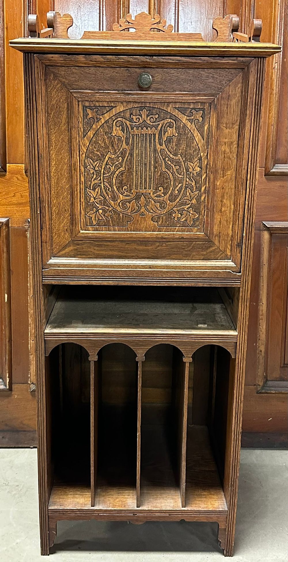 Lot 232: Beautifully Inlay Decorated Victorian Quarter Sawn Oak Drop Front Music Cabinet