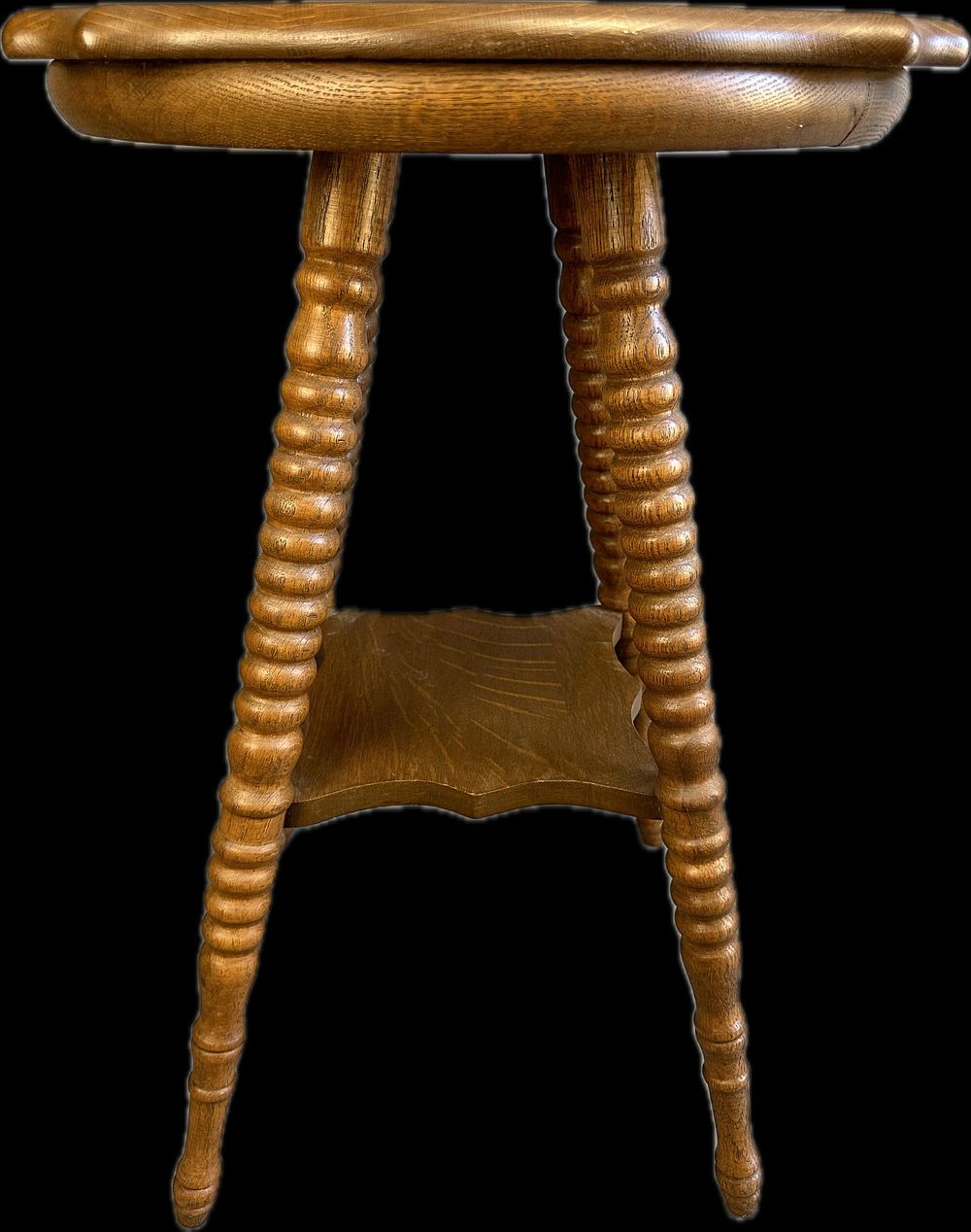Lot 237: Victorian Antique Parlor Table Tiger Oak Twist Legs Unique Top Lower Shelf
