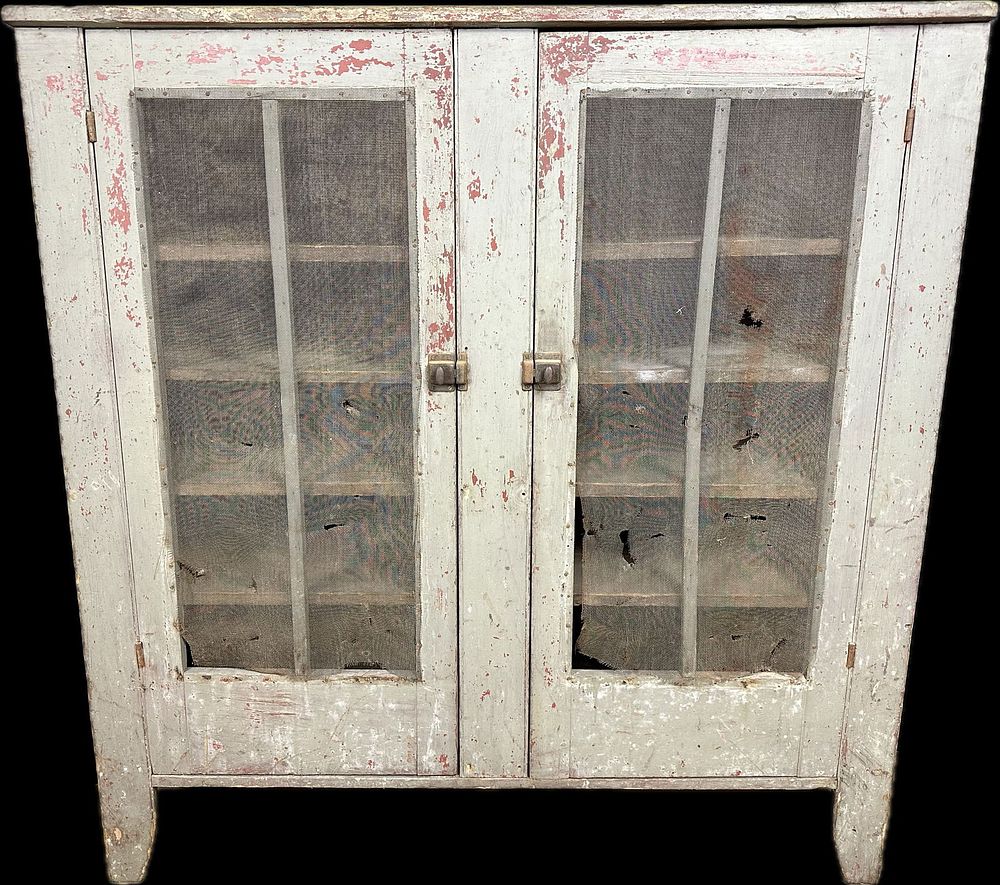 Lot 244B: Wonderful 19th Century Blue Painted Screened Primitive Pie Safe