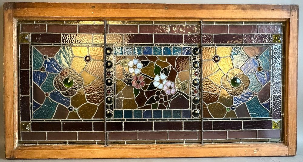Lot 245: Fantastic Victorian 32 Jewel Leaded Stained Glass Floral Pattern Large Window Multi Color