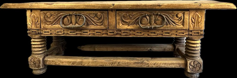 Lot 254: Antique 19th Century Bench w/ 2 Drawers Ornately Decorated Twist Legs Pinwheel Pattern