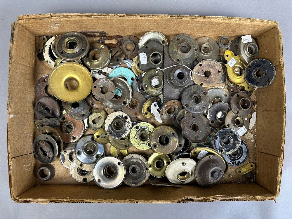 Lot 270: Huge Lot of 101 Antique Brass Nickel Plated Pieces Door Knob Escutcheons
