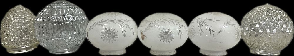 Lot 279: 6 Piece Antique Depression Era Etched Glass Set of 3 Ceiling Lamp Shades
