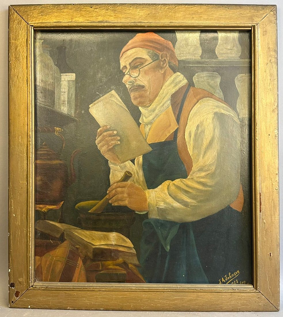 Lot 288B: Antique Male Portrait Oil On Board Signed JA Johnson 1928 Copy