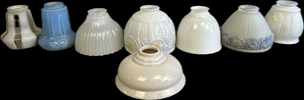 Lot 292: 8 Piece Antique Depression Era Milk Glass Etched Art Lamp Shade Lot