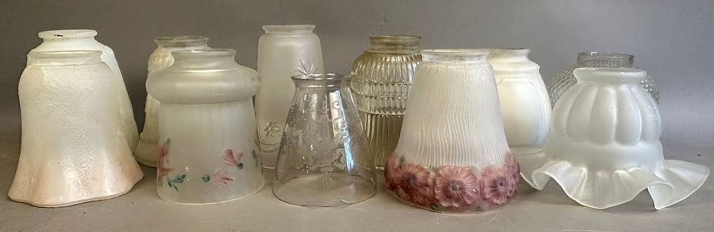 Lot 296: 11 Piece Lot Antique Depression Era Art Glass Lamp Shades Reversed Painted