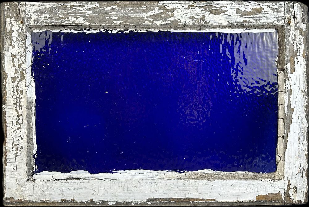 Lot 298B: Antique Victorian Era Church Window Wavy Blue Glass w/White & Blue Painted Frame
