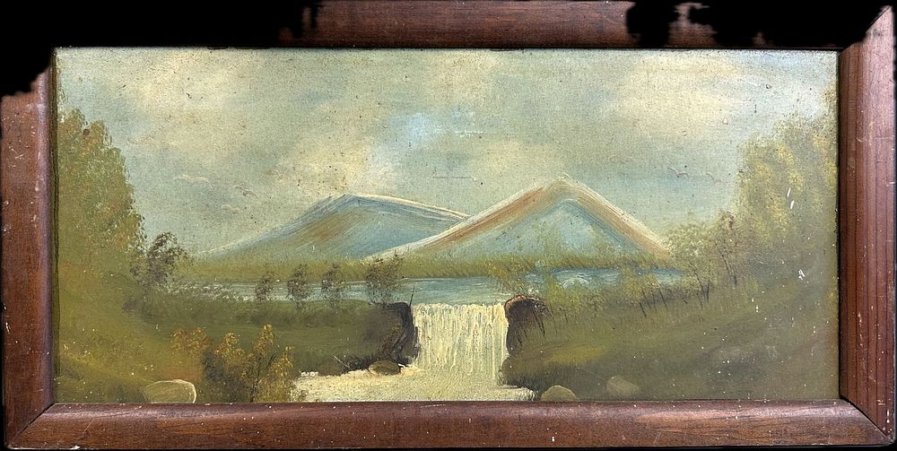 Lot 299B: Beautiful Antique Early 1900s Oil On Board Landscape Mountain Painting w/Period Correct Frame