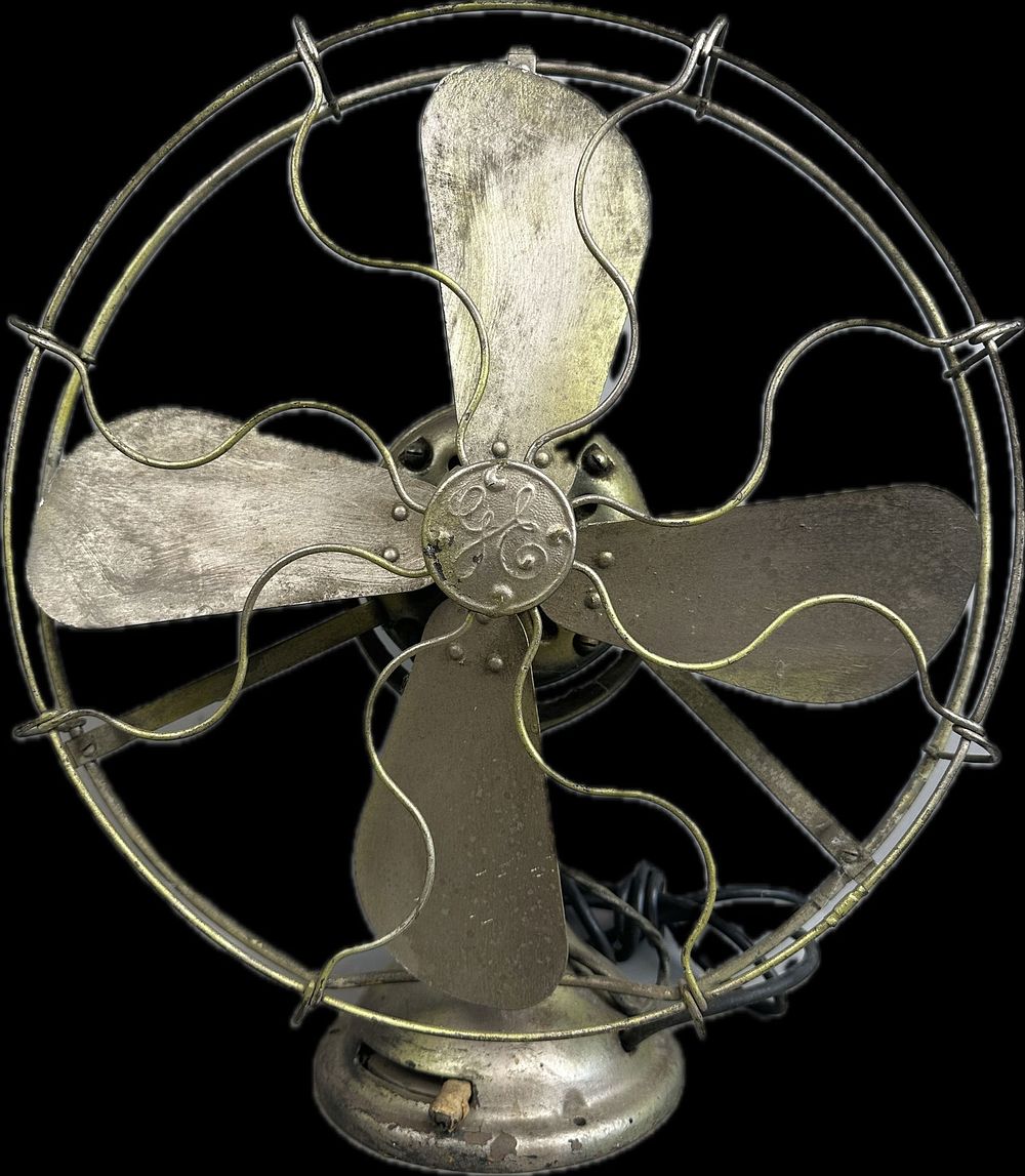 Lot 302: Antique 4 Brass Blade GE Electric 3 Speed Fan Wire Cage17.5" Diameter