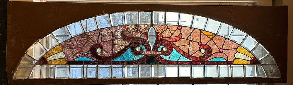 Lot 303B: Beautiful Antique Victorian Leaded Stained Glass Window Unique Shape 10 Jewels 83.5"