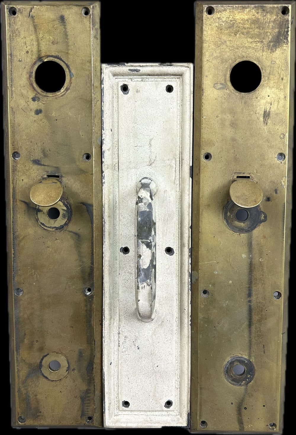 Lot 308: 3 Piece Antique Brass Bronze Large Door Plates w/Thumb Latch Handle Matching Pair