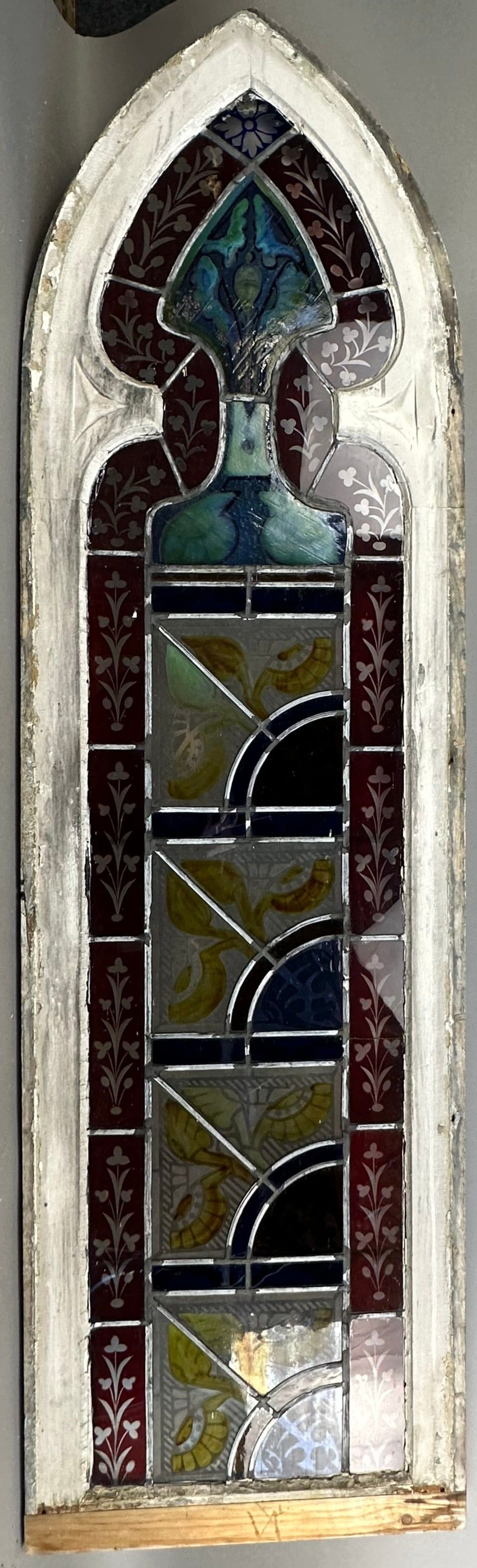 Lot 309B: Fantastic Late 1800s Gothic Cathedral Church Arch Etched Stained Glass Window 73" White Paint