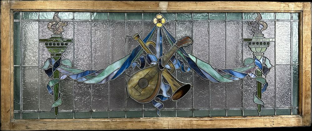 Lot 311B: Incredible Antique Late 1800s Leaded Stained Glass Window Torches & Music Motif Decoration 68"