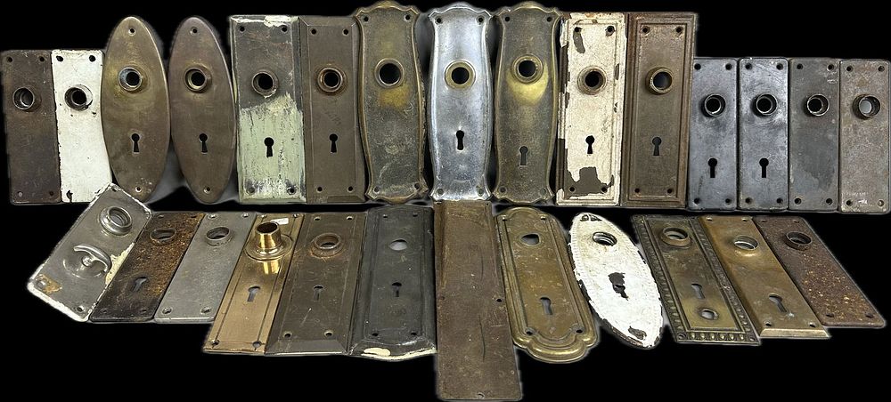 Lot 313: Huge 27 Piece Lot Antique Victorian Era Brass Door Lock Key Hole Plates Different Styles Shapes