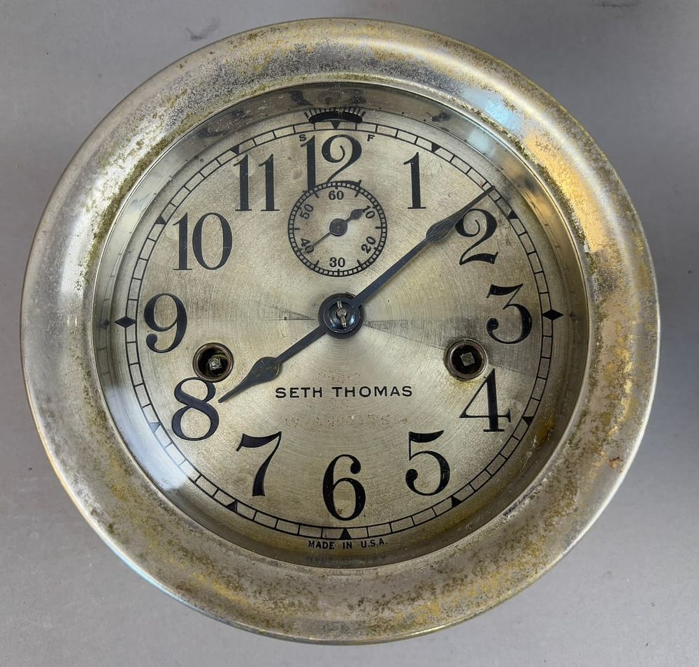 Lot 334: Antique Dated 1932 Seth Thomas Nickel Plated Brass Chelsea Ship Clock
