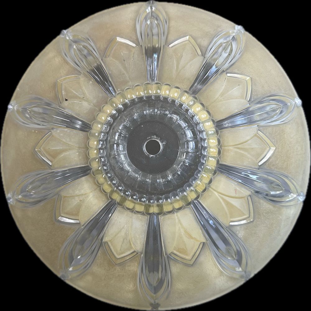 Lot 340: Art Deco Era Ornate Embossed Amber & Clear Glass Ceiling Fixture