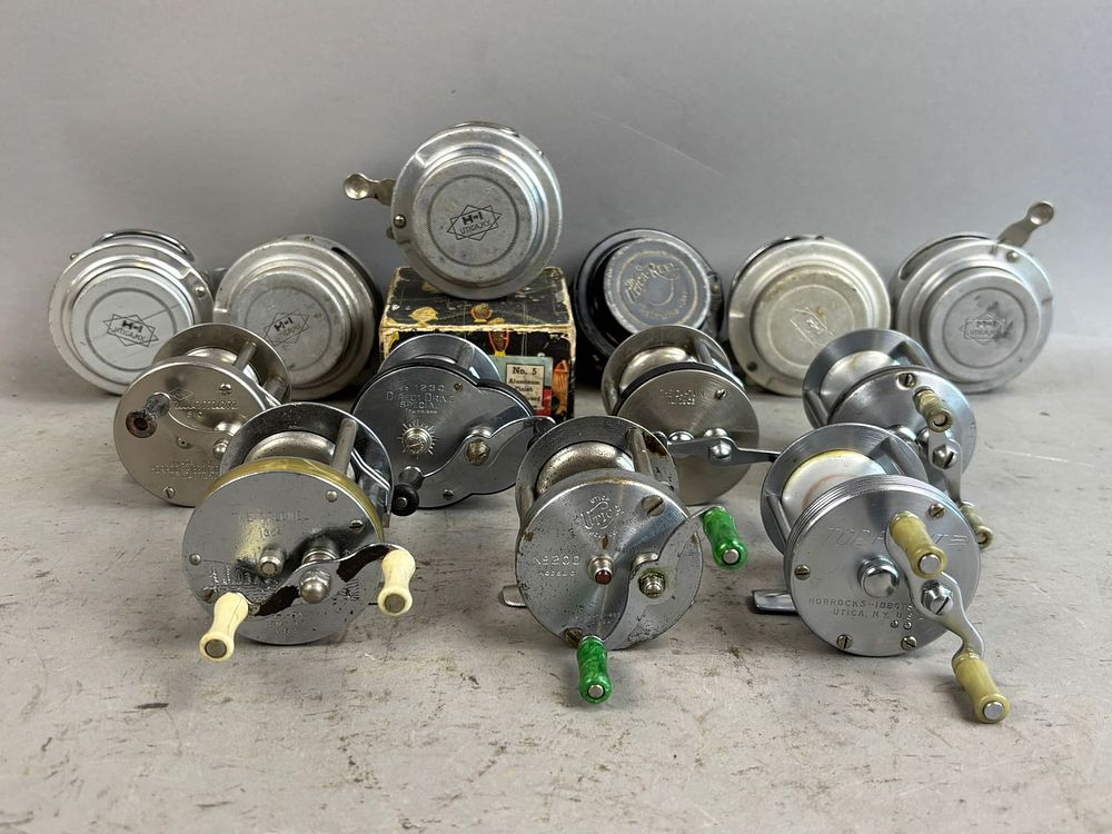 Lot 160: 13 40s 50s Utica NY Bait Casting Fishing Reels