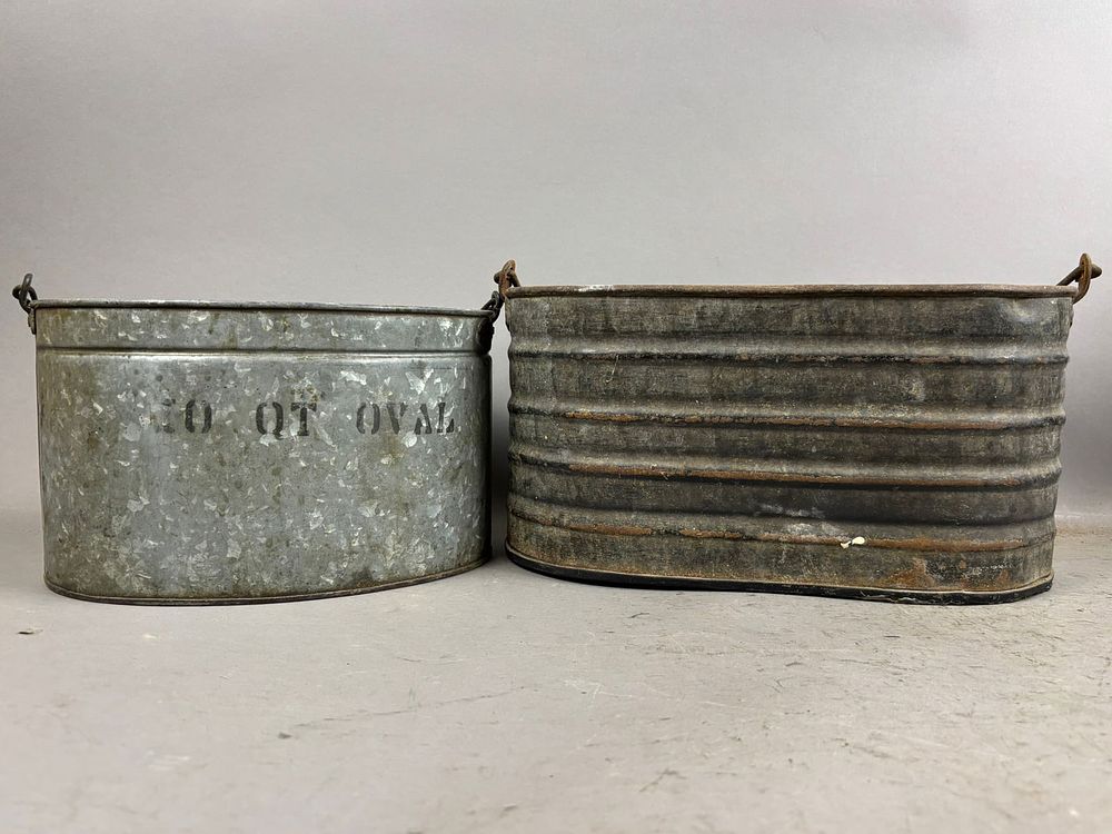 Lot 162: Pair Antique Oval Galvanized Fishing Minnow Buckets