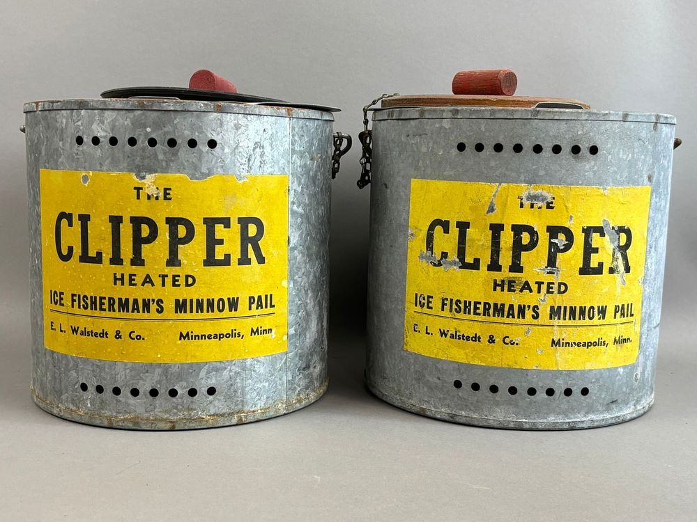 Lot 172: Pair Antique Clipper Heated Galvanized Minnow Bucket