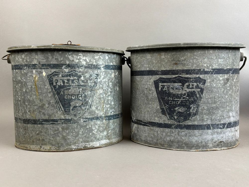 Lot 177: 2 Antique Oval Falls City Galvanized Minnow Buckets