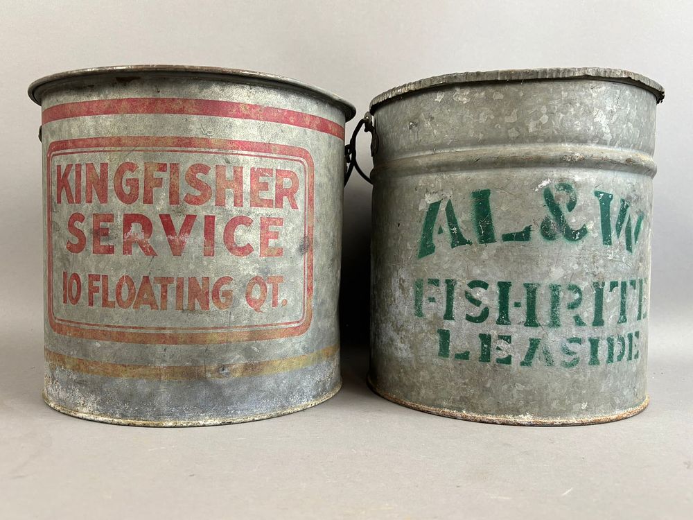 Lot 189: Pair Antique Galvanized Fishing Minnow Buckets