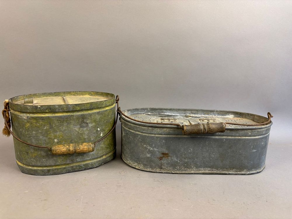 Lot 225: 2 Antique Oval Galvanized Minnow Buckets w/Handle