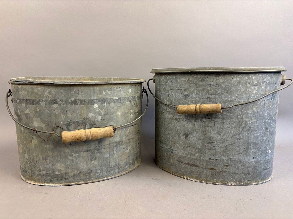 Lot 227: Pair Antique Oval Galvanized Minnow Bait Buckets