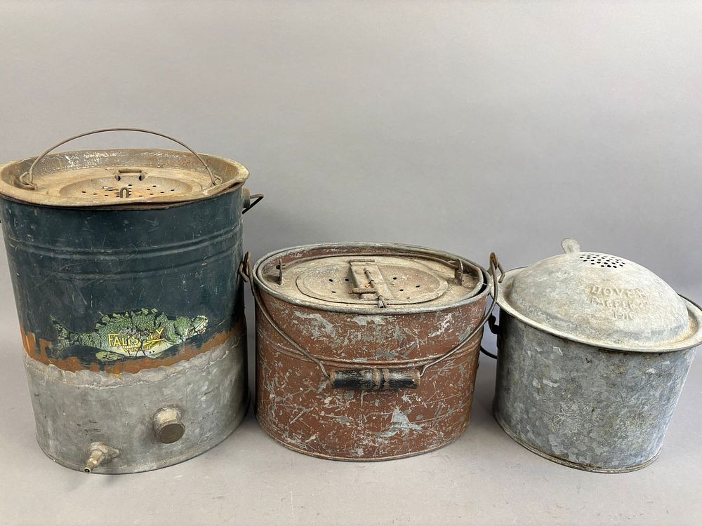 Lot 228: 3 Early Galvanized Minnow Buckets Falls City Winner
