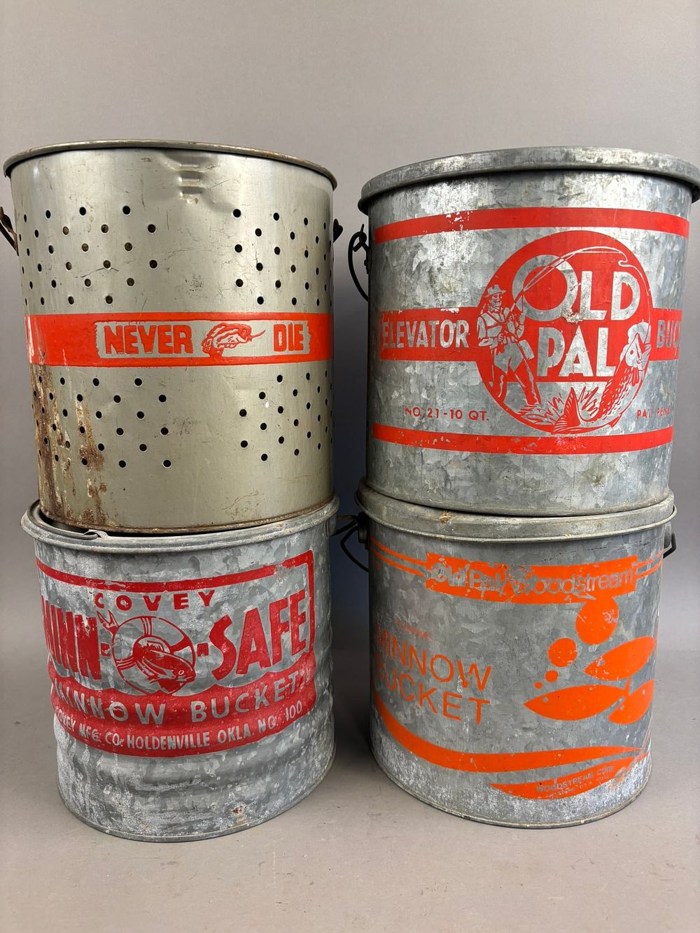 Lot 229: 4 Red Decorated Galvanized Minnow Buckets  Covey