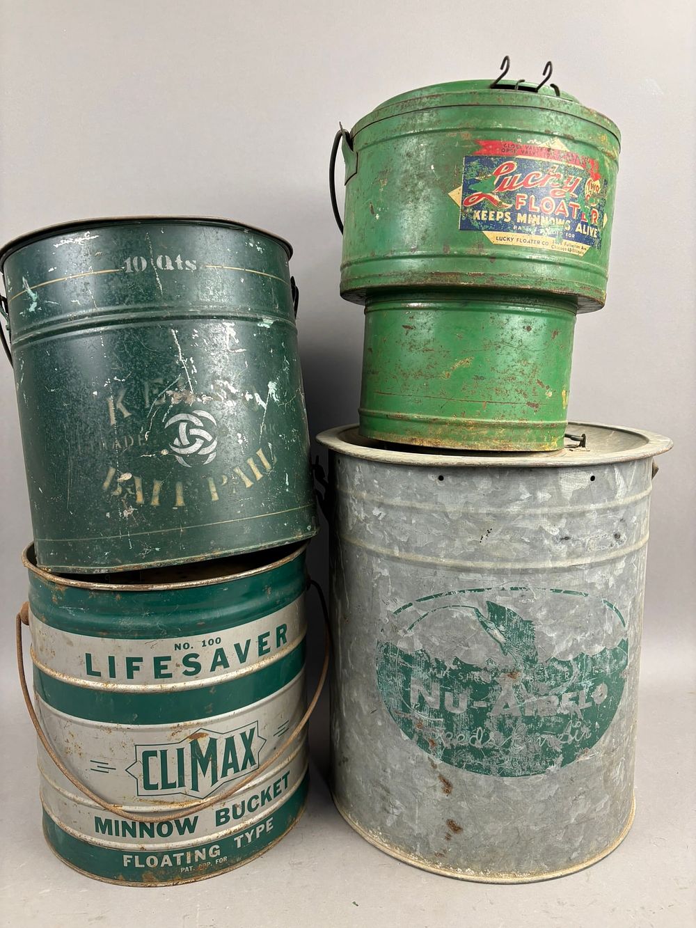 Lot 230: 4 Green Decorated Galvanzied Minnow Buckets Airflo