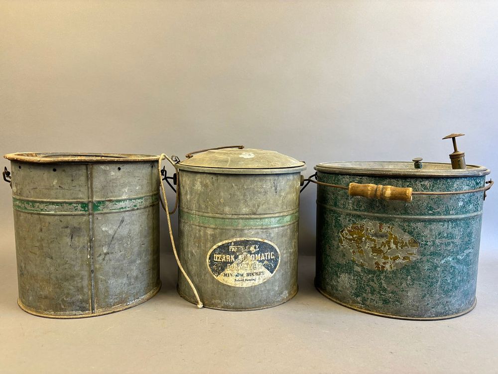Lot 231: 3 Antique Falls City Galvanzied Minnow Buckets