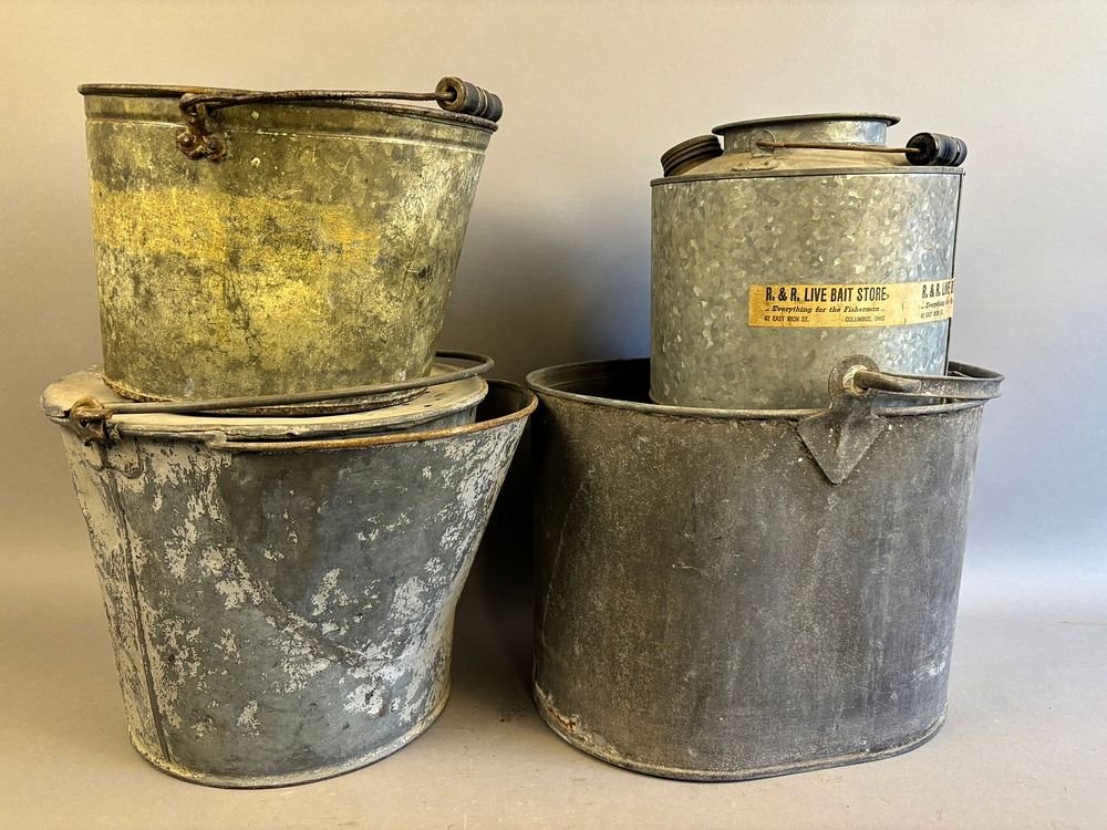 Lot 232: 4 Antique Galvanized Bait Minnow Buckets R&R Ohio